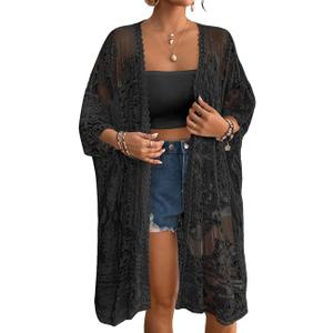 Bsubseach Lace Kimonos for Women 2025 Swim Cover Up Summer Beach Coverup Open Front Sheer Kimono Cardigan (One Size, Black)