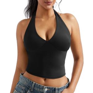 OMKAGI Womens Tank Tops Sexy Halter V Neck Going Out Tops Sleeveless Y2K Crop Top (Medium, 293-black)