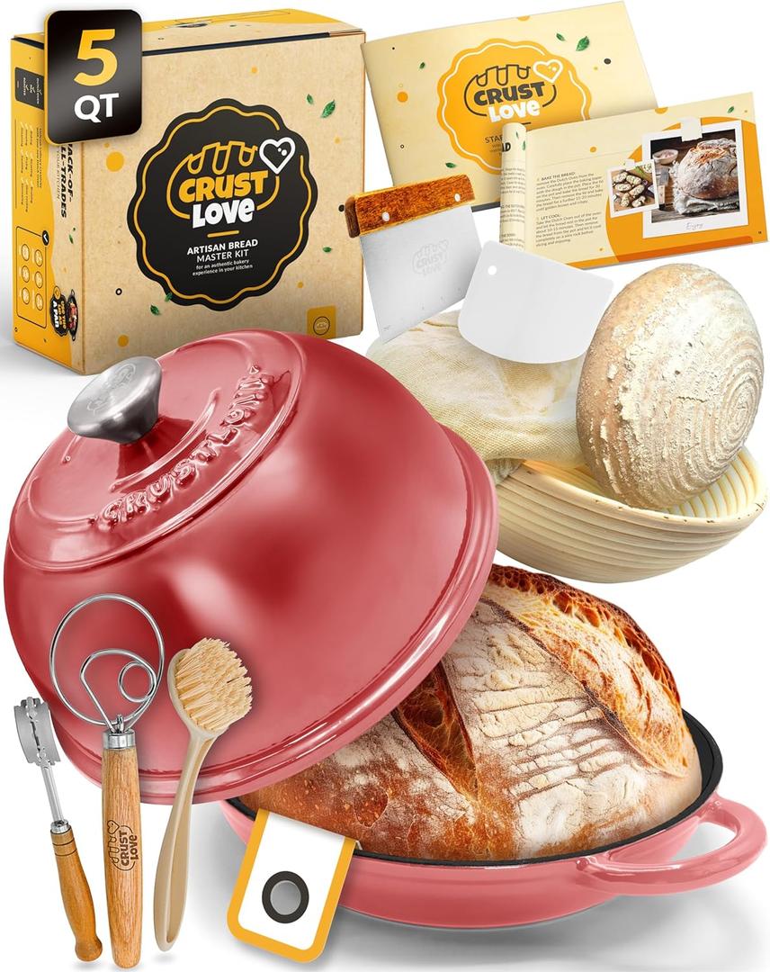 Dutch Oven Bread Baking - 5QT Enamel Bread-Oven - incl Sourdough Bread-Baking Suppliers like Dough Whisk Scoring Lame etc Bread-Dome Cast Iron Bread-Pan with Lid for Sour dough, Bread-making (Pink)