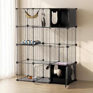 PAWING Cat Enclosure Indoor with Litter Box, 4-Tier Metal Wire Cat Cage, DIY Detachable Design for Cats, Kittens & Small Animals, Multi-Level Kennel