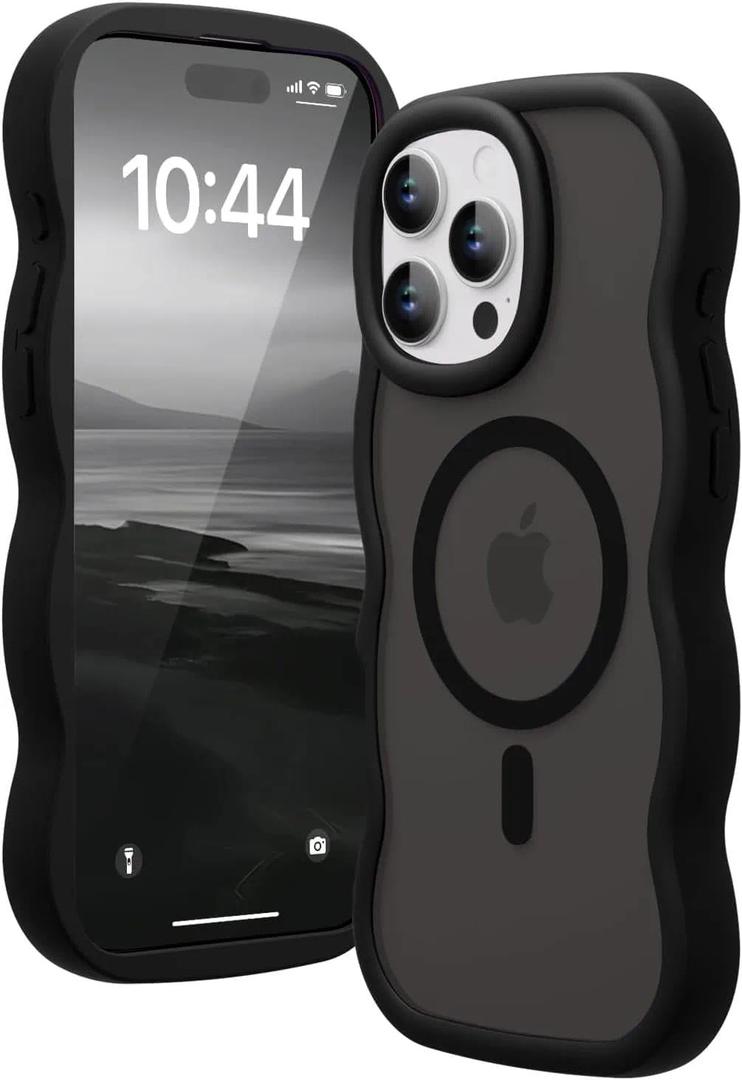 for iPhone 16 Pro Case for Magsafe Wavy Frame Cute, Black | Aesthetic Translucent Matte Hard Back Silicone Bumper Shockproof Protective Magnetic Chic Girly Phone Case for Women Girls