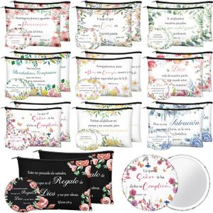 Abbylike 40 Pcs Christian Gift for Women Include 20 Bible Verse Makeup Bags 20 Christian Compact Mirrors Inspirational Religious Scripture Gift for Mom Sister Birthday Christmas(Spanish Style)