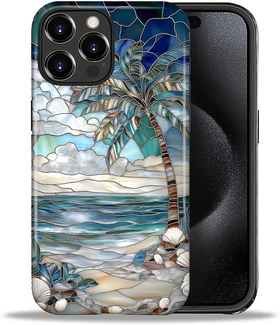 Case for iPhone 16 Pro, Hybrid Heavy Duty 2 in 1,PC Hard Shell & Silicone Inner Bumper, Anti-Scratch Full-Body Cover Shockproof Slim Design Case - Beach Palm Tree