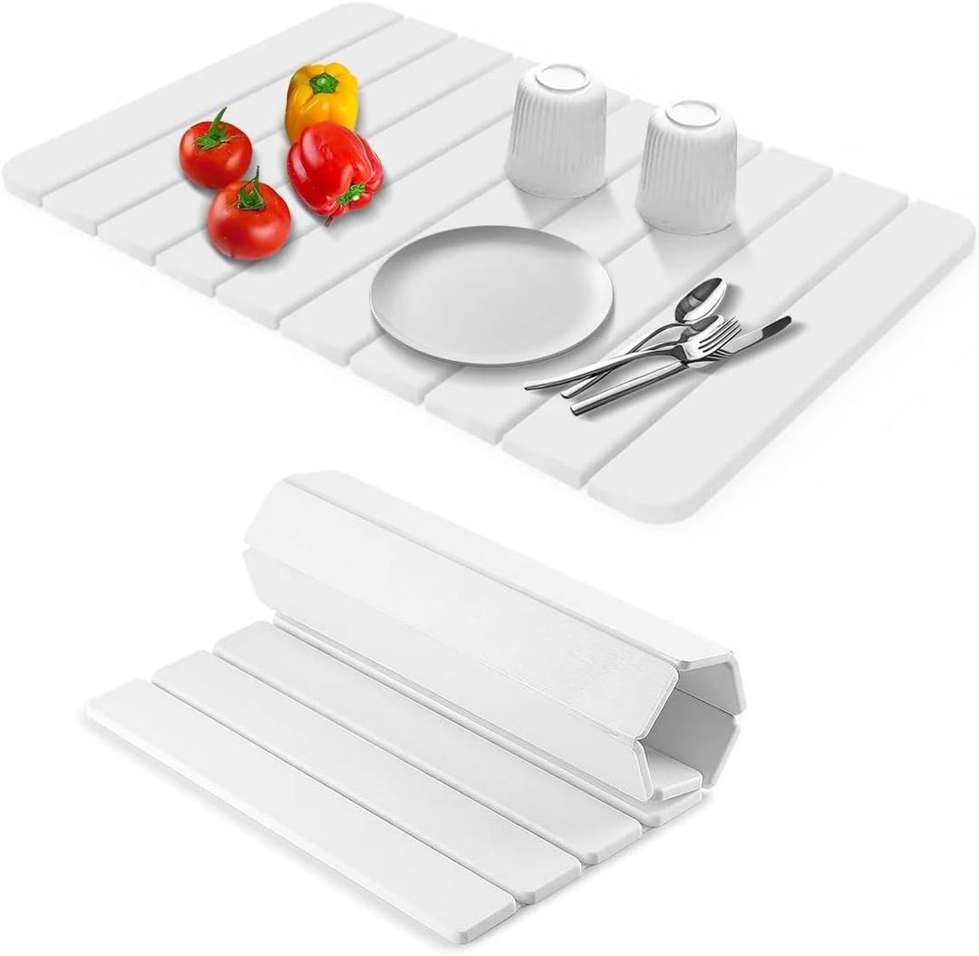 Large Stone Dish Drying Mats for Kitchen Counter, 24"16" Collapsible Quick Drying Diatomaceous Earth Mat with Non-Slip Base for Bathroom Floor White