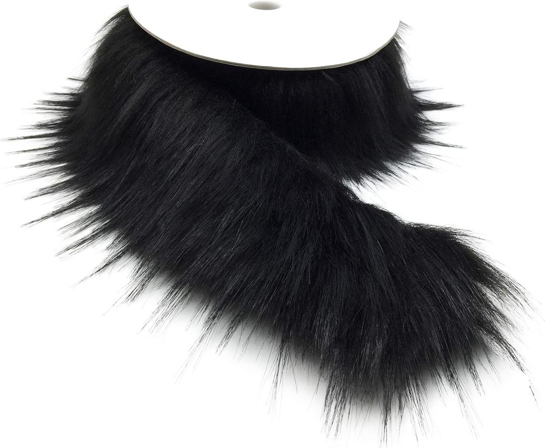 Furryvalley Faux Fur Trim Raccon Fox Fur Ribbon Craft Furry Stripe for Slippers Slides Fringe 2 Yards (Black)