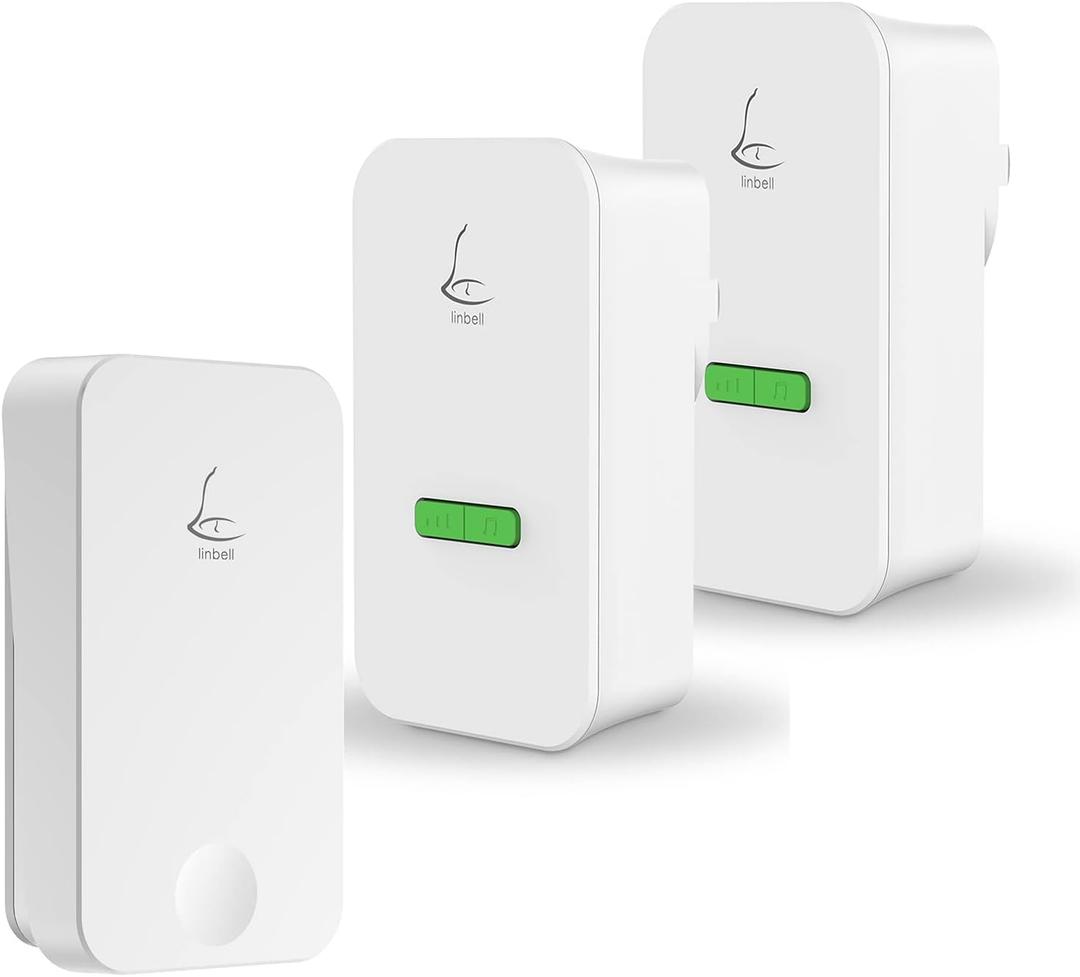 Door Bell Ringer Wireless, Batteryless Wireless Doorbell Loud Enough, Smart Remote Wireless Doorbells for Home Apartment Classroom Office, One Self-Powered Push Button & Two Plug in Receivers, White (1TX+2RX)