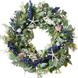 22 Inch Nautical Artificial Wreath with Starfish & Seashells Blue Berry Eucalyptus Wreath for Front Door Coastal Summer Home Decor for Wall/Fireplace