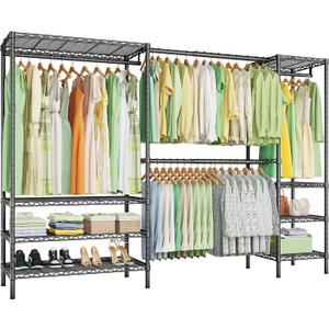 Ulif E11 Heavy-Duty Garment Rack, Metal Freestanding Clothes Rack and Closet Storage Organizer System with 8 Shelves and 4 Hanger Rods, (73.2-97.6)" W x 14.5" D x 71.2" H, Load 1034 LBS, Black
