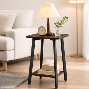 King Oasis 2-Tier Small Side Table for Living Room, End Table with Storage Shelf, Wood & Metal Bedside Table Nightstand for Small Spaces, Sturdy Sofa Side Table for Bedroom, Rustic Brown