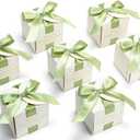 Marspark 50 Pcs Wedding Favor Boxes, 2.5 x 2.5 x 2.5 Inch Wedding Party Candy Boxes with Green Ribbons Bridal Gift for Guests Bridal Shower Birthday Party Anniversary Supplies