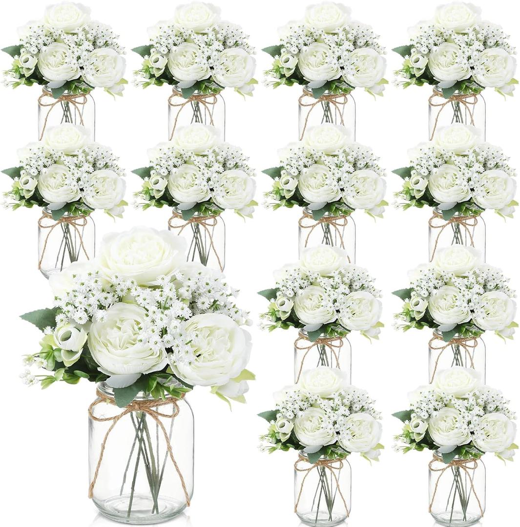 Zeyune 12 Sets Mason Jar Centerpiece Table Decorations, Artificial Peony Baby's Breath Flower Bouquets, Faux Flowers with Vase, Rustic Decor Gifts for Home, Wedding, Holiday (White)