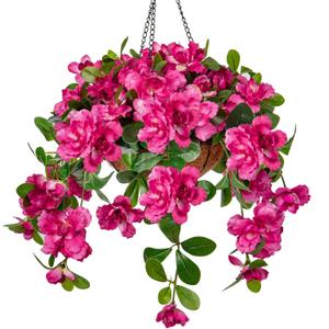 Briful Fake Hanging Flowers with Basket, Hot Pink Artificial Azalea Hanging Silk Basket Flowers Outdoor Faux Flowers for Home Garden Patio Porch Balcony Yard Decor