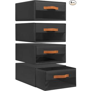 DIMJ Closet Organizers and Storage - Fabric Bins with Drawers for Closet Foldable Clothes Organizers with Clear Window, Stackable Storage Drawers Units for Bedroom, Living Room, Medium 4-Pack, Black
