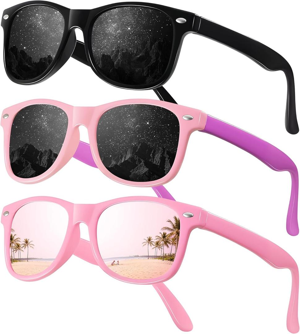 JASPIN Polarized Kids Sunglasses - Toddler Baby Sun Glasses for Girls Boys Age 3-9 with Flexible Frame UV Protection 3 Pack (A1-black+mirrored Pink+pink Purple)