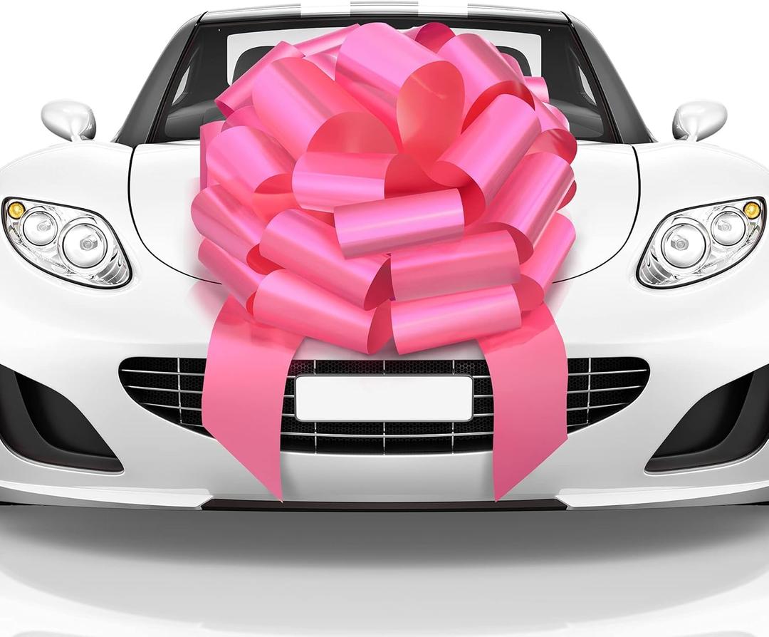 Mata1-USA - Huge Car Bow - Pink, 23 Inch - Big Gift Wrapping Bow for Large Gift Decoration - Giant Size for Indoor & Outdoor Use - 26 Loops & 4 Stickers