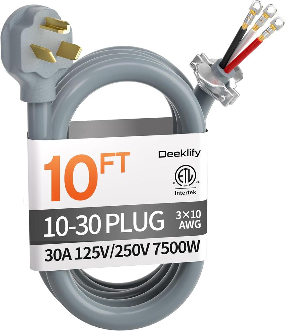 10 ft 3 Prong Dryer Cord, 30Amp 10 Gauge Dryer Power Cord Replacement, Pure Copper 3-Wire Appliance Cord with NEMA 10-30P Plug and O-Ring Terminals, 250V 7500W, ETL Listed, Gray STW