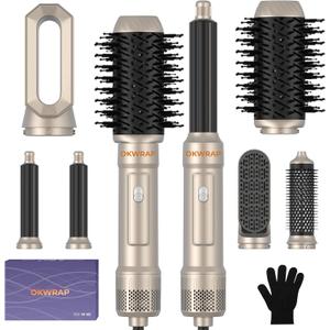 6 in ONE Blow Dryer Brush, Curling Wand Hair Styling Tools Set, Ionic Hot Air Hair Dryer, Massage Oval Hair Dryer, Left&Right Hair Curlers 100-120V (Gold Champagne)