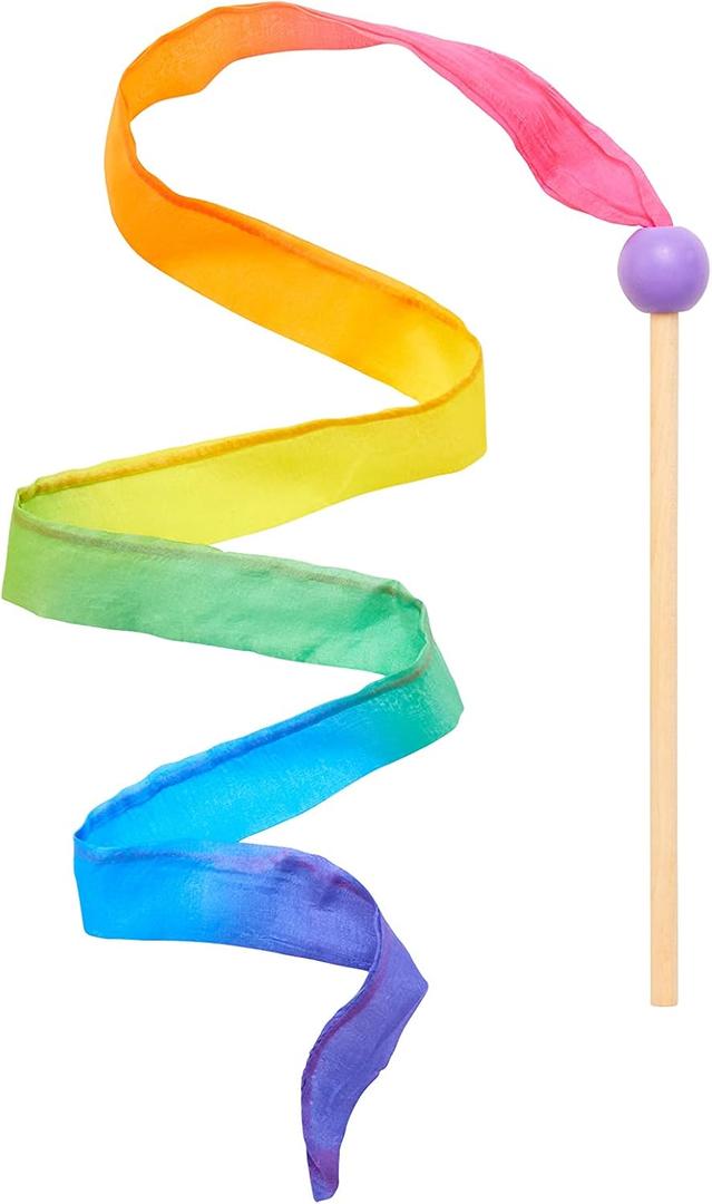 Sarah's Silks Mini Rainbow Streamer - Long Ribbon Wand for Kids, Pretend Play, Dance, Baton Stick Twirling, and Gymnastics Party Favors | 100% Silk and Wood Montessori and Waldorf Toys (1) (Rainbow)