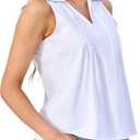 SUNNOW Women's Pintucked Collared Tank Top Sleeveless Shirt V Neck Work to Resort Blouse (White, M)