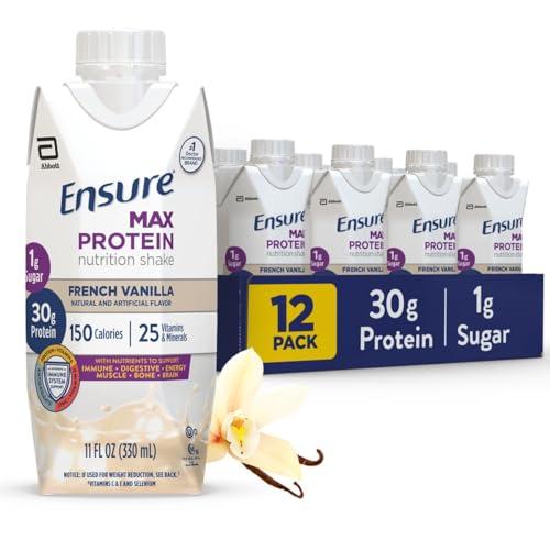 Ensure Max Protein Shake | French Vanilla | Ready to Drink | 30g Protein for Muscle Health | 1g Sugar, 4g Fiber | 11 fl oz, 12 Pack, Best By 1JAN 2027