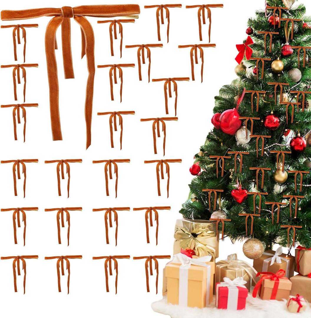 2 x 24Pcs Velvet Ribbon Bows for Christmas Tree, Christmas Wreath Bows,Vintage Rustic Ornaments for Garland, Wreath, Gift Wrapping, Treat Bags and DIY Holiday Decorations (5" x 7") (Camel)