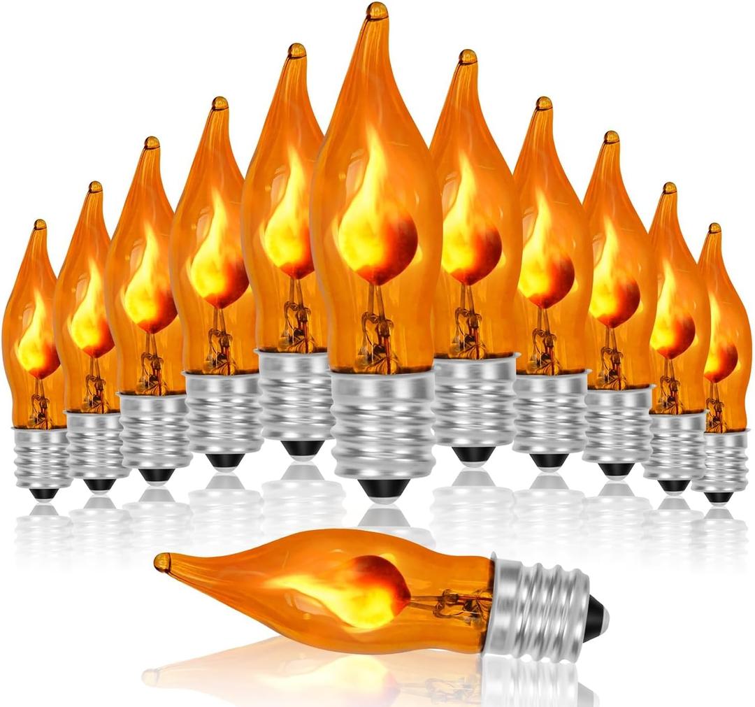 Flicker Flame Light Bulbs, Orange Flame Replacement Bulbs E12 Candelabra Base Light Bulbs for Electric Window Candles Halloween Indoor Outdoor String Lights, 1 Watt, 120 Volt(12 Pack)