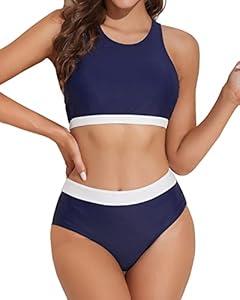 Tempt Me Navy Blue Women Two Piece Swimsuits High Waisted Bikini High Neck Crop Top Tummy Control Sporty Bathing Suits with Bottom L