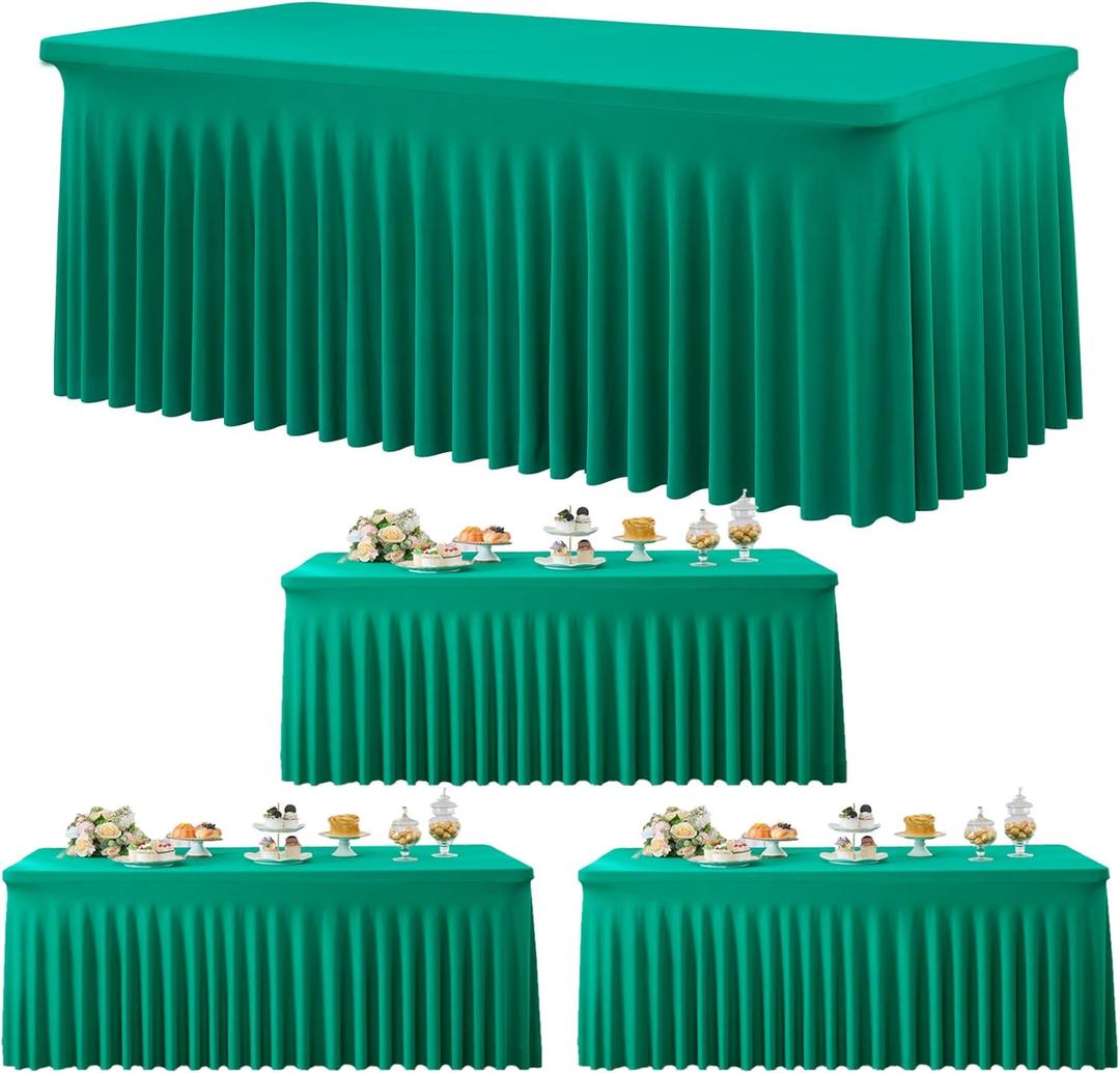 3 Pack Emerald Green Spandex Tablecloth for 6 Foot Rectangle Tables, Wrinkle Free Fitted Table Cloth Cover 6ft Green Stretchy Tablecloths with Skirt for Parties Weddings Birthday Banquet Baby Shower