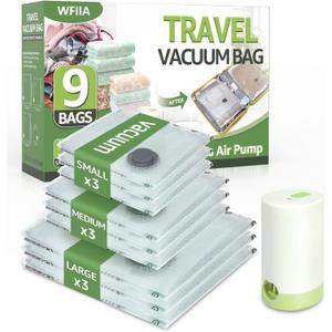 9 Packs Vacuum Bags for Travel with Rechargeable air Pump, 3 Sizes Vacuum Seal Bags for Clothing, Space-Saving Compression Storage Bags for Travel & Closet Organization