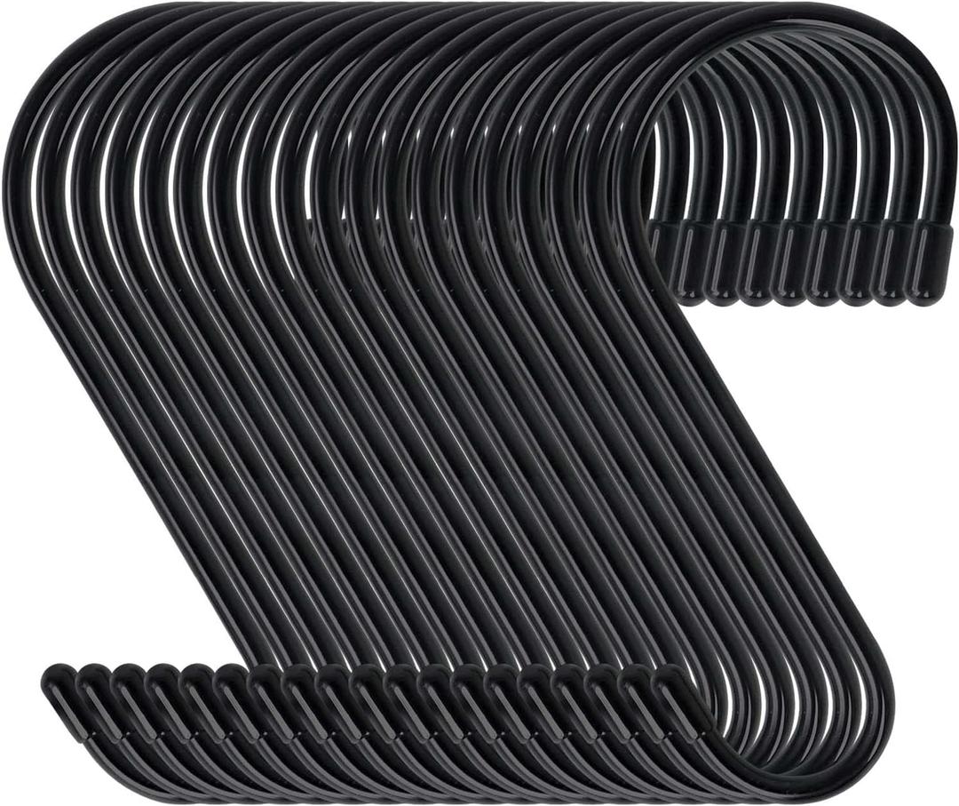 DINGEE 6 Inch 24 Pack Large S Hooks for Hanging Plants,Vinyl Coated Heavy Duty S Hooks for Hanging Non Slip S Hanger Hooks Steel Metal with Rubber Stopper Closet Hooks,Clothes,Jeans,Pot Pan Garden (Black)
