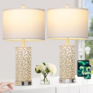 Morden Farmhouse Table Lamps Set of 2, Touch Control Bedside lamp with 2 USB Ports & AC Outlet,Vintage Nightstand Lamp with Nightlight for Bedroom Living Room Entryway,White