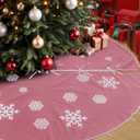 84 Inch Large Pink Christmas Tree Skirt, Burlap Tree Skirt White Snowflake Xmas Mat for Christmas Home Farmhouse Holiday Indoor Decoration