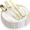 Hpmjz 100 PCS Gold Plastic Plates for 25 Guests, Disposable Dinnerware Sets Plate & Cutlery Kit Elegant Utensils Includes 25 Forks, Spoons, Knives, Plates for Wedding Party Catering Thanksgiving