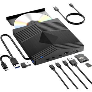 External CD DVD Drive for Laptop, USB 3.0 Ultra Slim 16mm CD Burner with 2 USB C Ports and 2 TF/SD Card Slots, DVD Player for Laptop Mac PC Windows 11/10/8.1/7 Linux OS