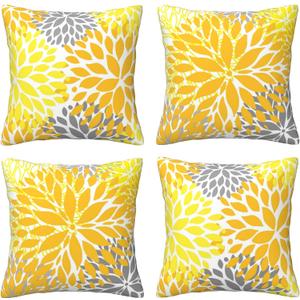 Yellow Pillow Covers 18x18 Inch Set of 4 Yellow Gray Dahlia Flower Throw Pillows Modern Geometric Floral Square Cushion Covers for Sofa Couch Bed Living Room Decorative Pillowcases