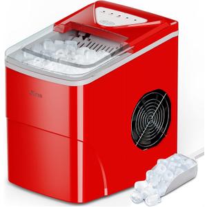 Silonn Ice Makers Countertop, 9 Cubes Ready in 6 Mins, 26lbs in 24Hrs, Self-Cleaning Ice Machine with Ice Scoop and Basket, 2 Sizes of Bullet Ice for Home Kitchen Office Bar Party, Red