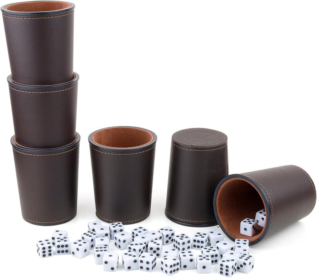 Felt-Lined PU Leather Dice Cup Set, 6 Quiet Dice Shaker Cups with 36 Dices for Bar Party Yahtzee Farkle Dice Games, Coffee