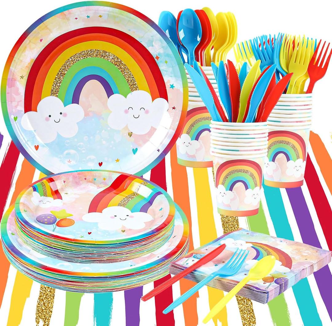 Rainbow Party Supplies, Happy Birthday Decorations for Girls & Boys -169pcs Rainbow Party Tableware Set Include 9" and 7" Party Plates and Napkins Cups Utensils with Tablecloth for 24 Guests