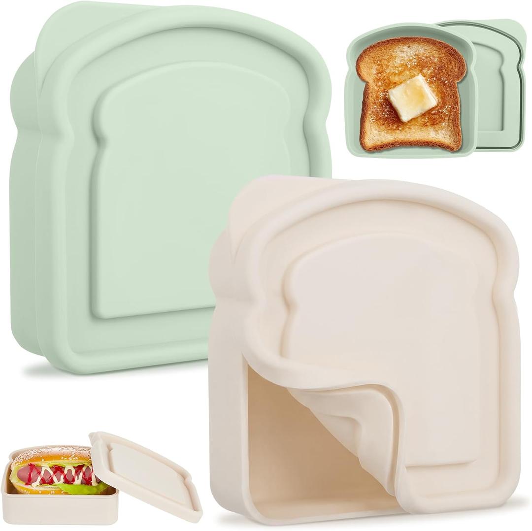 Willinglong 2 Pcs Silicone Sandwich Containers Lunch Box Sandwich Box Reusable Toast Containers Snacks and More, Microwave and Dishwasher Safe (Green and Beige)