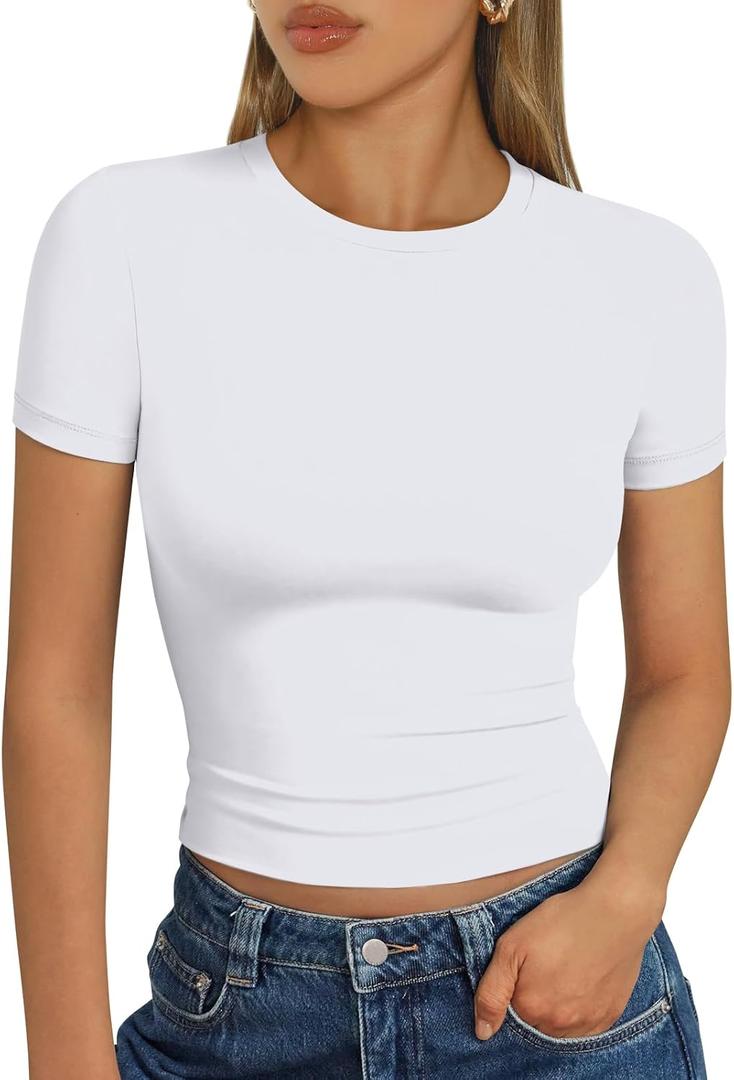 Trendy Queen Womens Short Sleeve T Shirts - Buttery Soft Summer Crop Tops Slim Fit Y2k Basic Tees for Workout M