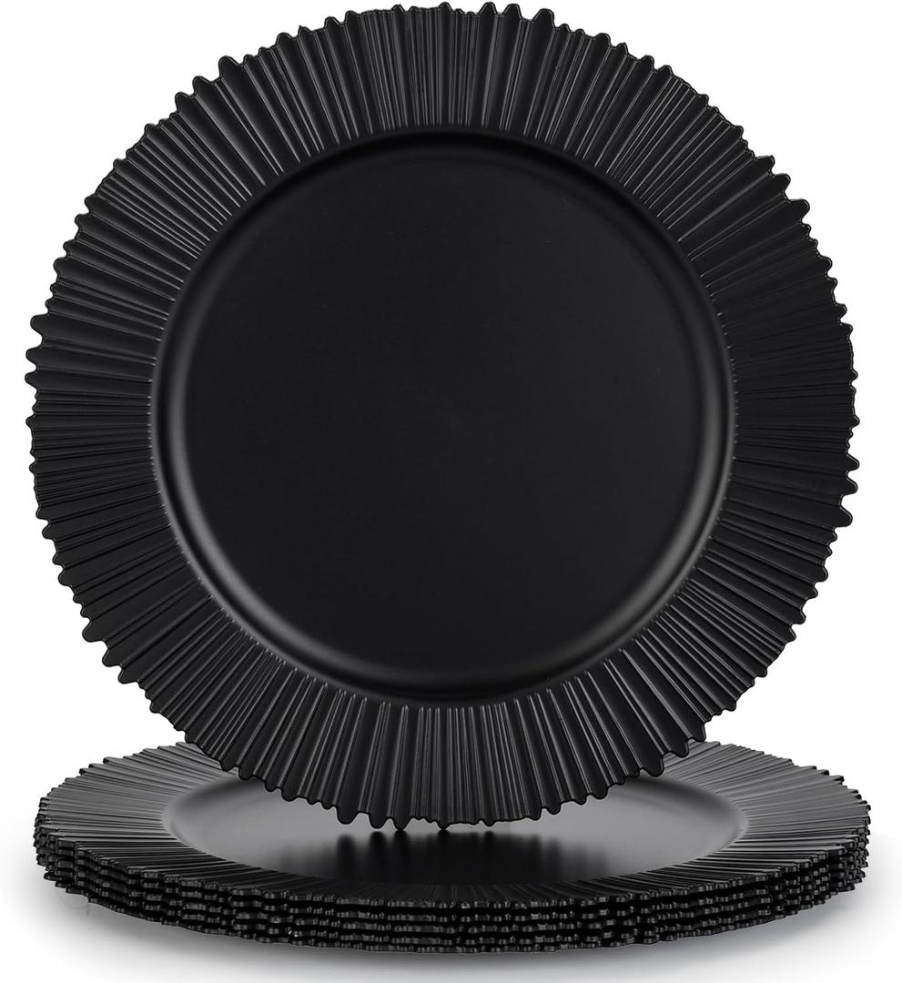 13" Line Black Charger Plates, Classic Chargers for Dinner Plates, Reusable Plastic Table Setting Bulk Event, Party, Wedding, Festival, Baby Shower