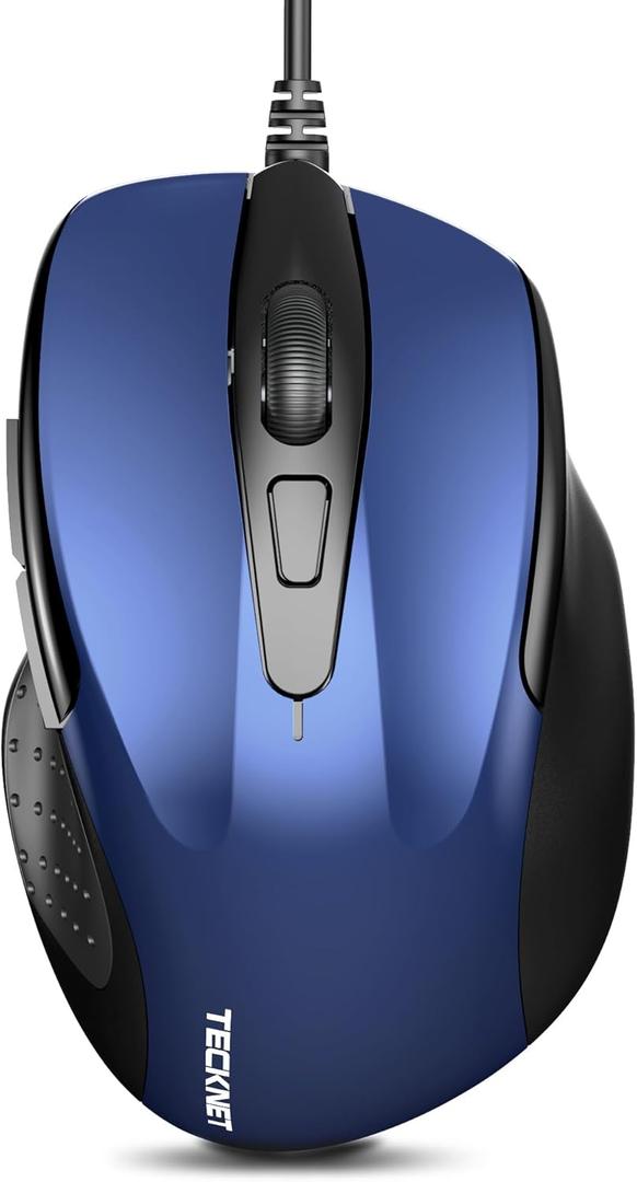 TECKNET USB Wired Mouse, 6-Button Corded Computer Mouse with 4 Adjustable DPI, Optical Computer Mice with Ergonomic Design and 5FT Cord for Laptop, Chromebook, PC, Desktop, Mac, Notebook-Blue