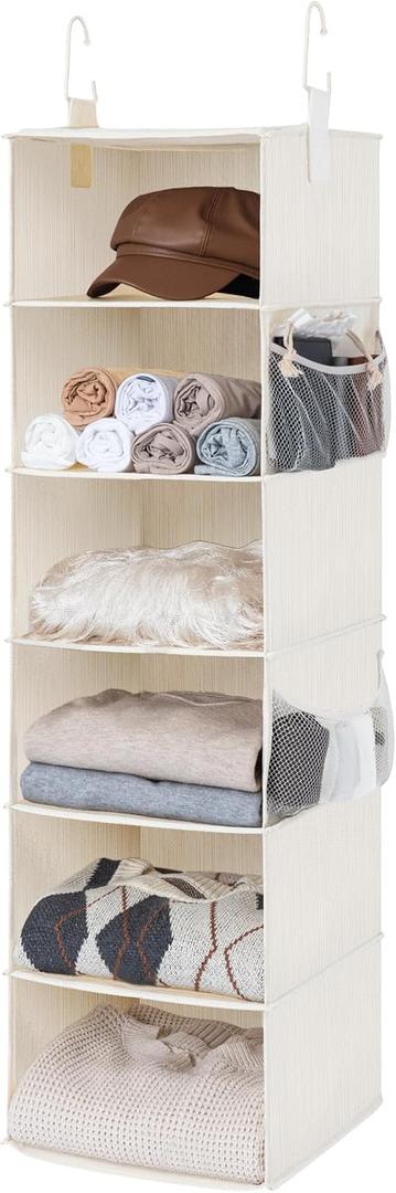 StorageWorks 6-Shelf Hanging Closet Organizer, Hanging Shelves for Closet, Fabric, Mixing of Beige, White & Ivory, 12" D x 12" W x 47 12" H