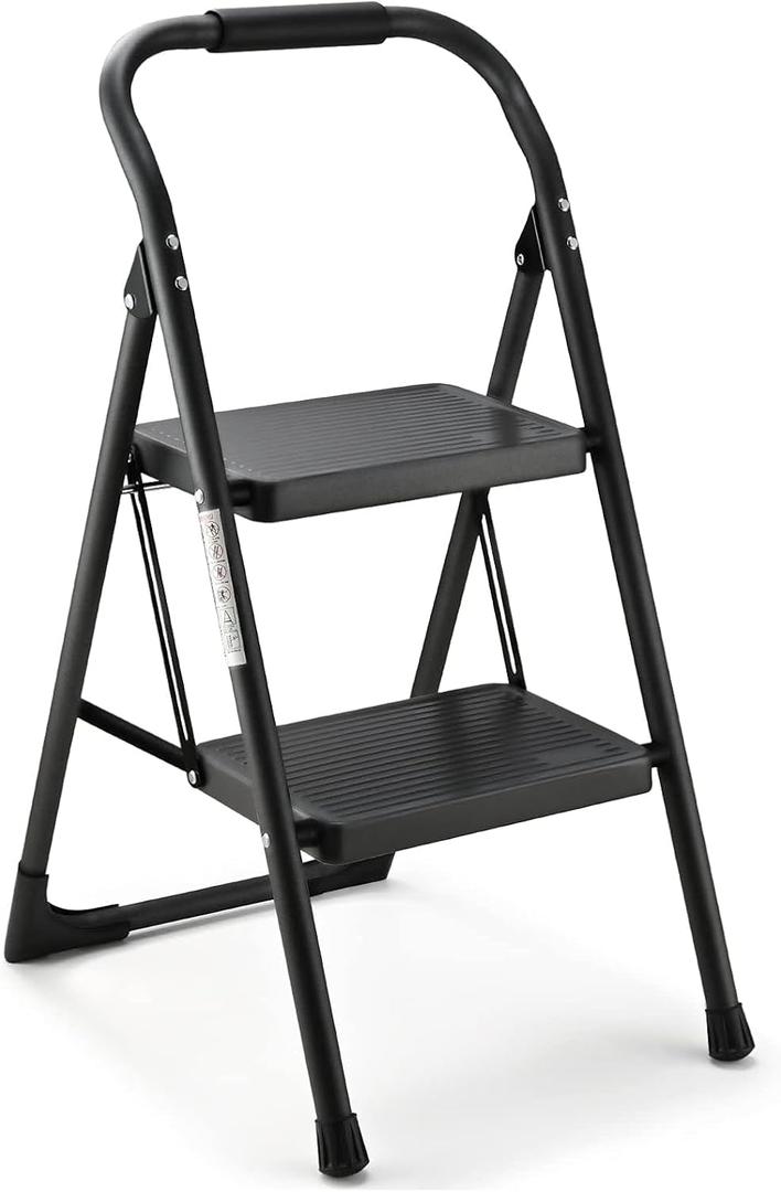 Step Stool for Adults,2 Step Ladder Folding 330lbs Anti Slip Step Stool,Foldable Ergonomic 2 Steel Stool with Wide Pedal for Home, Kitchen, Office (Matte Black)