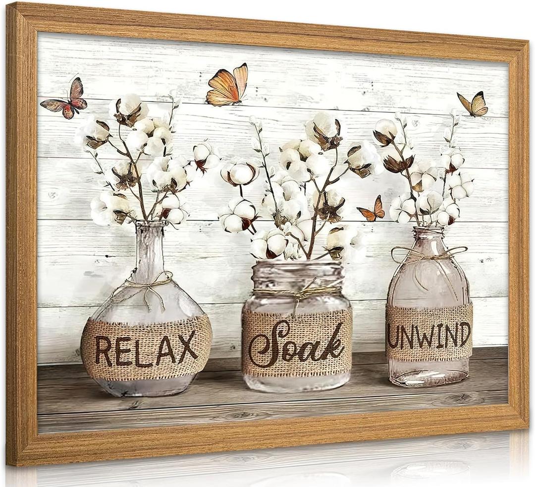 Framed Farmhouse Bathroom Canvas Wall Art Brown Rustic Cotton Flower Painting Picture Wall Decor Modern Relax Soak Unwind Sign Poster Print Artwork for Living room Restroom Home Decoration, 24"L x 16"W