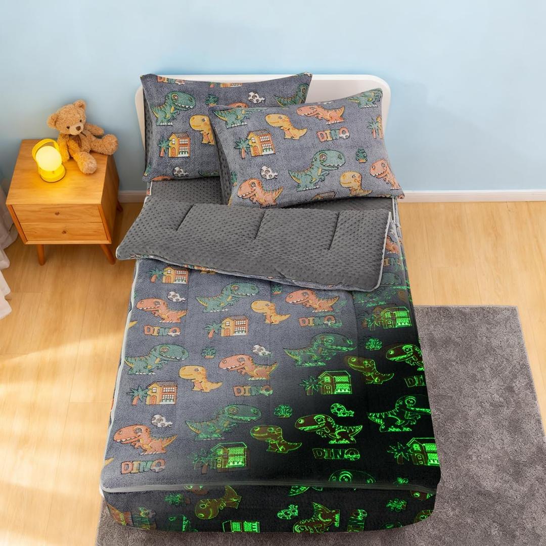Holawakaka Kids Zipper Bedding Glow in The Dark Comforter Set, Boys Girls Twin Size Dinosaur Print Zippered Bed Sets,Toddler-boy Child Dorm Zip Bedding