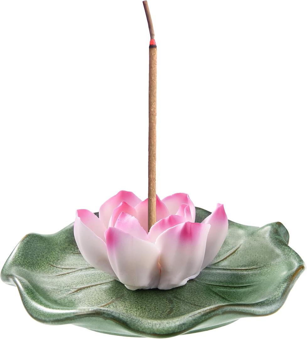 KR. LIF Lotus Incense Holder & Burner, Agarbatti Stand, Detachable Lotus Leaf Incense Tray, Ash Catcher for Altar, Sage & Palo Santo, Ceramic