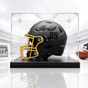 Football Helmet Display Case for Full Size Helmet, Clear Acrylic Helmet Display Case with Black Woodgrain Base & Support Stand, Dust-Proof Sports Memorabilia Display Box for Football Helmet
