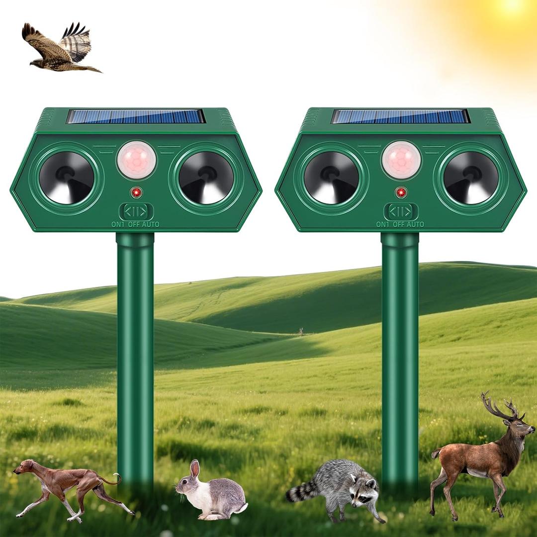 2Pack Deer Squirrel Rabbit Cat Repellent Outdoor Solar Ultrasonic Animal Repeller Waterproof Raccoon Deterrent with Motion Sensor to Keep Dog Skunk Possum Rodent Coyote Out of Garden Yard Farm