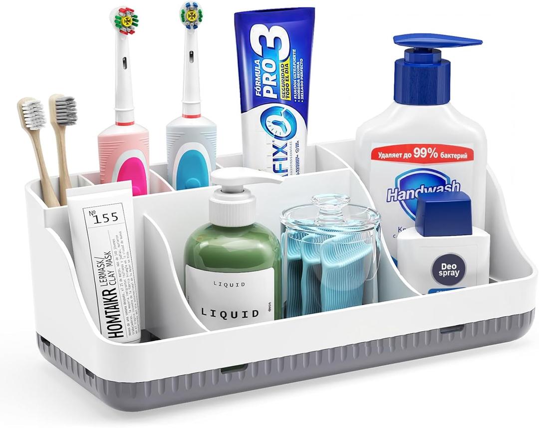 Bathroom Counter Organizer and Storage, 7 Slots Detachable Toothbrush Holders for Bathrooms, Anti-Slip Electric Toothbrush and Toothpaste Holder Countertop Vanity Organizer Accessories for Adults Kids, White Grey